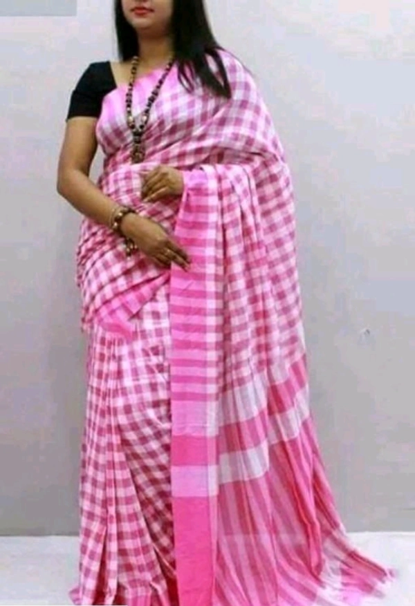 Handloom  Checked  Cotton Saree With Separate   Same louse Peace -  Light Pink